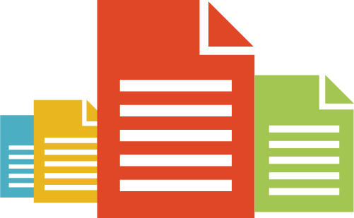 Imagen de 4 documentos en diferentes planos y tamaños, de varios colores, de izquierda a derecha, azul, amarillo, naranja y verde