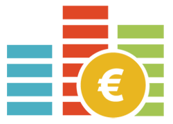 Tres barras de diferentes colores con el logo del euro integrado