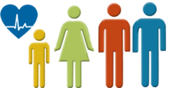 Representación de la ciudadanía, mujeres, hombres y niños, junto a un corazón