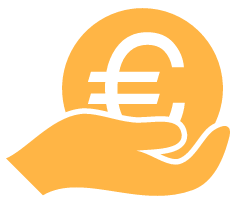 Dibujo en color naranja de una mano que sostiene el símbolo de la moneda euro