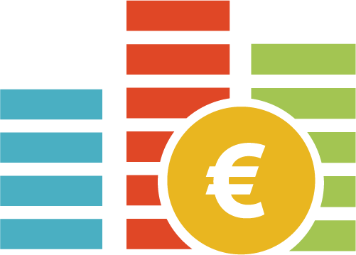 Tres barras de diferentes colores con el logo del euro integrado