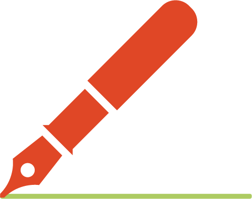 Imagen de una pluma de color naranja simulando que escribe sobre un papel, que se representa con una línea verde