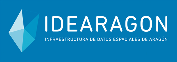 Logotipo de IDEARAGON. Un pentágono en colores azules que representa la silueta del territorio aragonés y a la derecha el texto IDEARAGON, Infraestructura de Datos Espaciales de Aragón